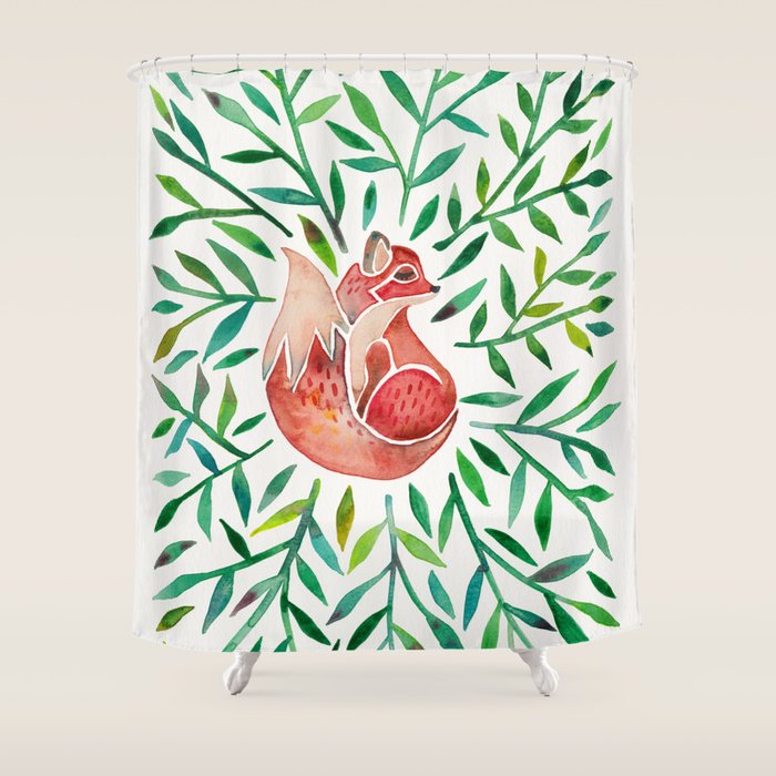 Woodland Fox - Green Leaves Shower Curtain