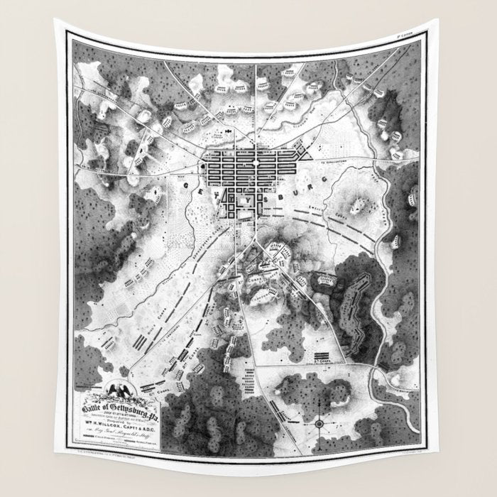 Vintage Map Of The Gettysburg Battlefield (1863)Bw Wall Tapestry