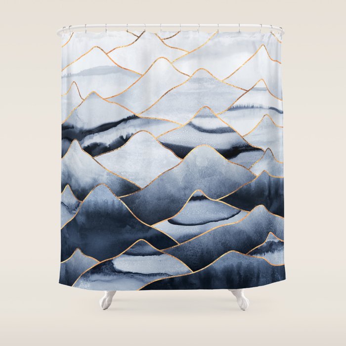 Mountains 2 - Gold Colored Lines Shower Curtain