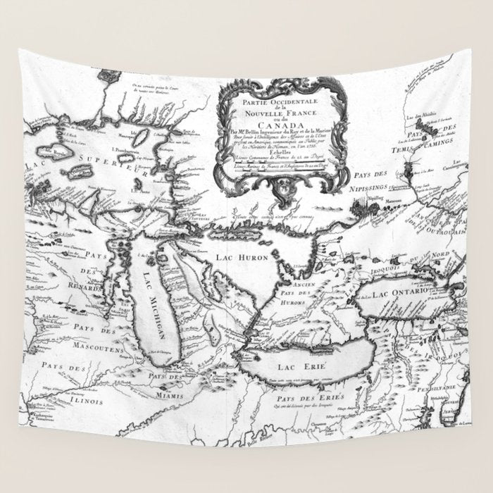 Vintage Map Of The Great Lakes (1755) Bw Wall Tapestry