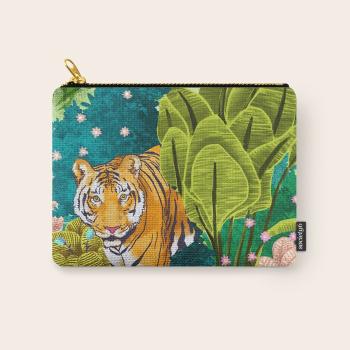 Jungle Tiger | Modern Bohemian Colorful Forest | Tropical Botanical Nature Watercolor Painting Carry All Pouch