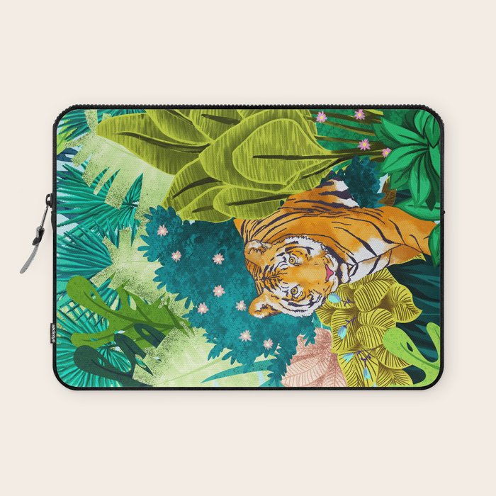 Jungle Tiger | Modern Bohemian Colorful Forest | Tropical Botanical Nature Watercolor Painting Laptop Sleeve