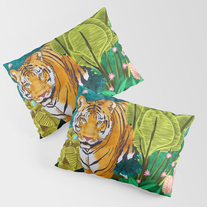 Jungle Tiger | Modern Bohemian Colorful Forest | Tropical Botanical Nature Watercolor Painting Pillow Sham
