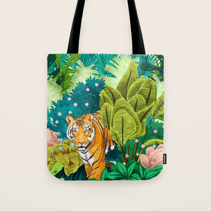 Jungle Tiger | Modern Bohemian Colorful Forest | Tropical Botanical Nature Watercolor Painting Tote Bag
