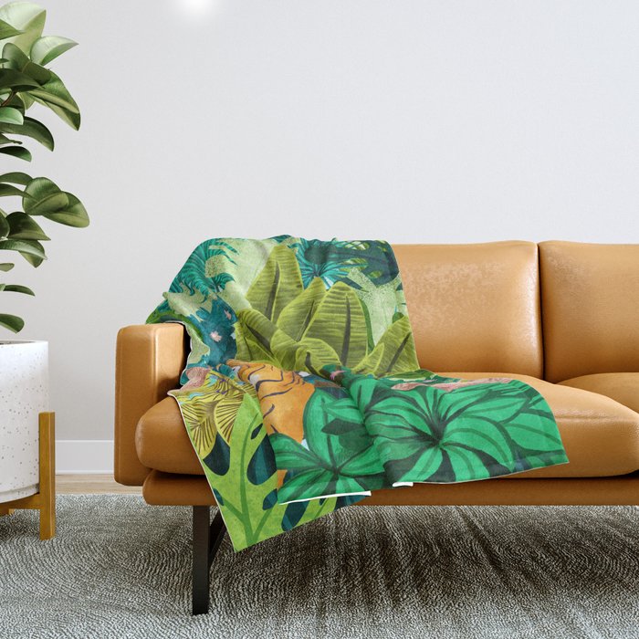 Jungle Tiger | Modern Bohemian Colorful Forest | Tropical Botanical Nature Watercolor Painting Throw Blanket