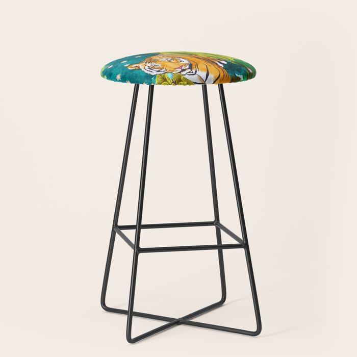 Jungle Tiger | Modern Bohemian Colorful Forest | Tropical Botanical Nature Watercolor Painting Stool