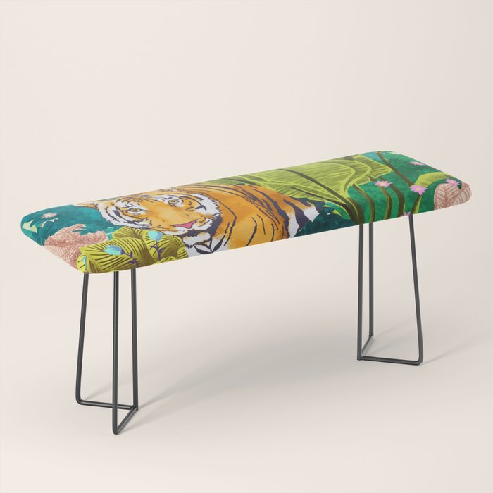 Jungle Tiger | Modern Bohemian Colorful Forest | Tropical Botanical Nature Watercolor Painting Bench