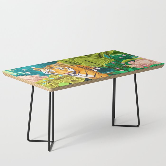 Jungle Tiger | Modern Bohemian Colorful Forest | Tropical Botanical Nature Watercolor Painting Coffee Table