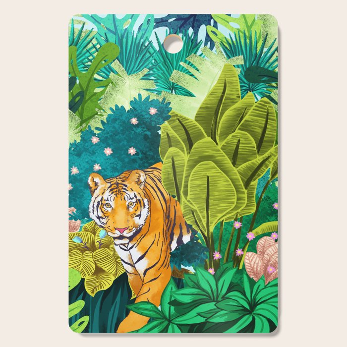 Jungle Tiger | Modern Bohemian Colorful Forest | Tropical Botanical Nature Watercolor Painting Cutting Board