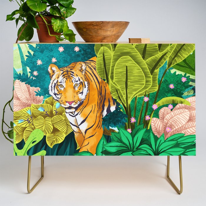 Jungle Tiger | Modern Bohemian Colorful Forest | Tropical Botanical Nature Watercolor Painting Credenza