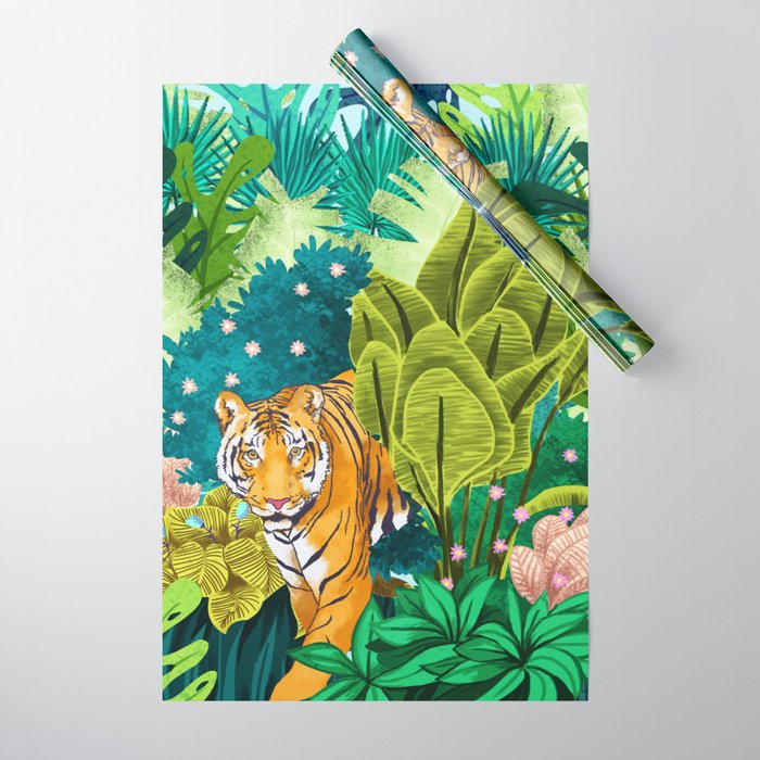 Jungle Tiger | Modern Bohemian Colorful Forest | Tropical Botanical Nature Watercolor Painting Wrapping Paper