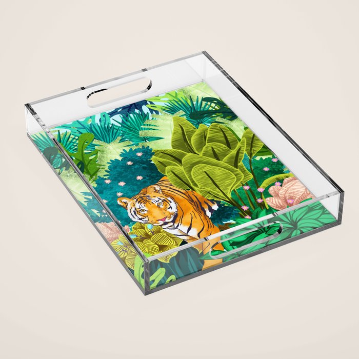Jungle Tiger | Modern Bohemian Colorful Forest | Tropical Botanical Nature Watercolor Painting Acrylic Tray