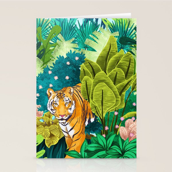 Jungle Tiger | Modern Bohemian Colorful Forest | Tropical Botanical Nature Watercolor Painting Stationery Card