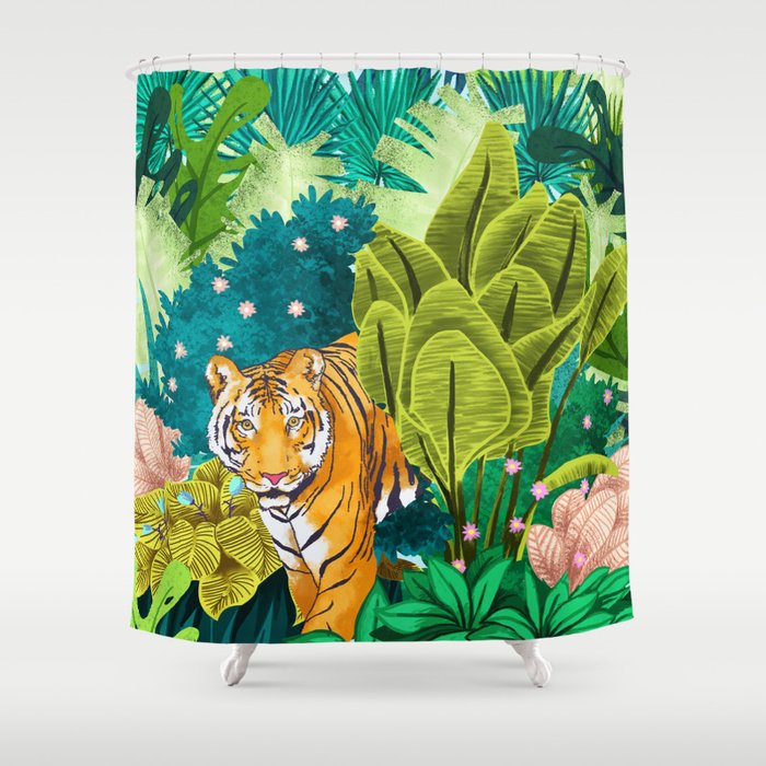 Jungle Tiger | Modern Bohemian Colorful Forest | Tropical Botanical Nature Watercolor Painting Shower Curtain