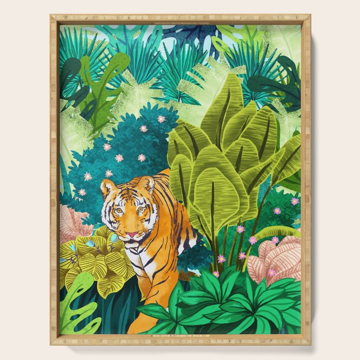 Jungle Tiger | Modern Bohemian Colorful Forest | Tropical Botanical Nature Watercolor Painting Serving Tray