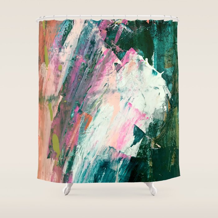Meditate [2]: A Vibrant, Colorful Abstract Piece In Bright Green, Teal, Pink, Orange, And White Shower Curtain