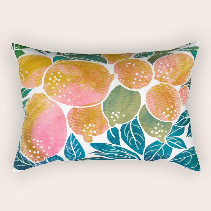Lemons | Watercolor Modern Boho Botanical Painting | Pastel Summer Jungle Garden Juicy Fresh Rectangular Pillow