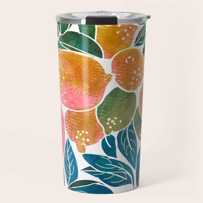 Lemons | Watercolor Modern Boho Botanical Painting | Pastel Summer Jungle Garden Juicy Fresh Travel Mug