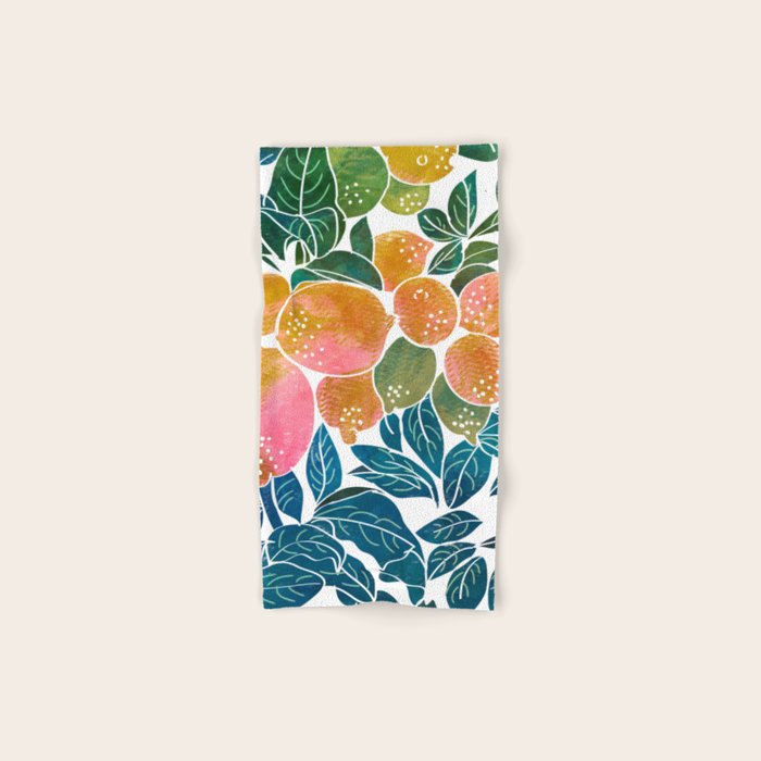 Lemons | Watercolor Modern Boho Botanical Painting | Pastel Summer Jungle Garden Juicy Fresh Bath Towel