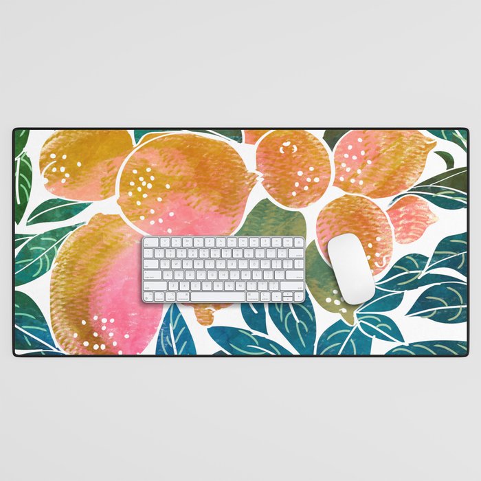 Lemons | Watercolor Modern Boho Botanical Painting | Pastel Summer Jungle Garden Juicy Fresh Desk Mat