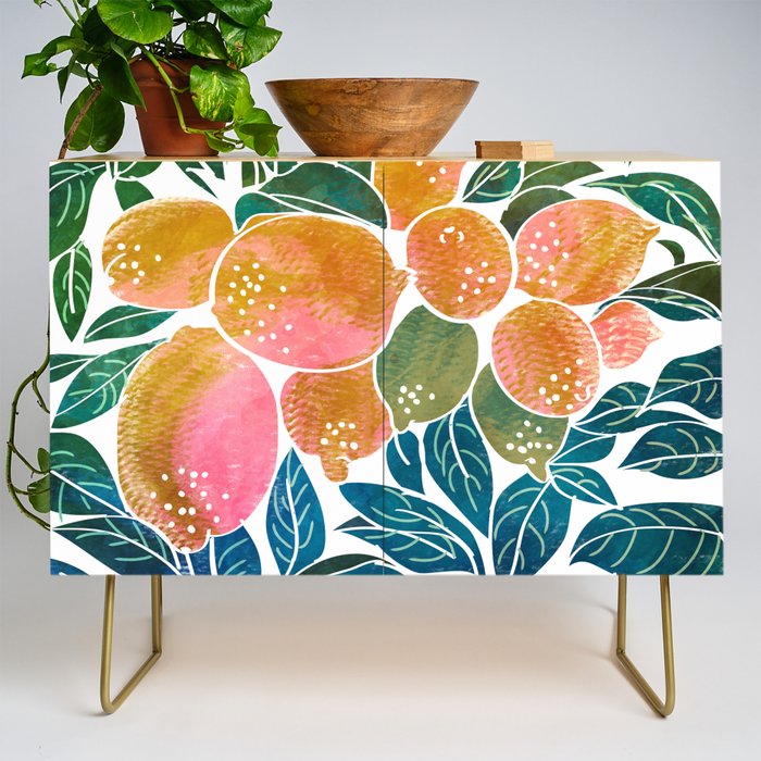 Lemons | Watercolor Modern Boho Botanical Painting | Pastel Summer Jungle Garden Juicy Fresh Credenza