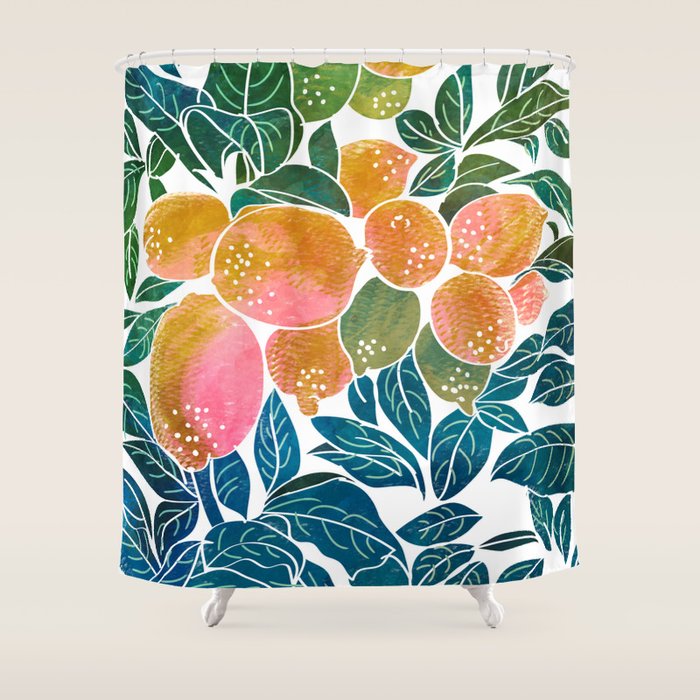 Lemons | Watercolor Modern Boho Botanical Painting | Pastel Summer Jungle Garden Juicy Fresh Shower Curtain