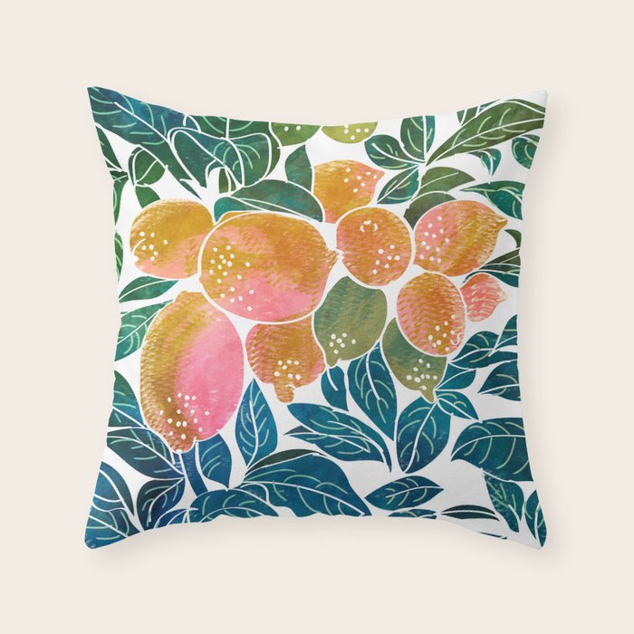 Lemons | Watercolor Modern Boho Botanical Painting | Pastel Summer Jungle Garden Juicy Fresh Throw Pillow