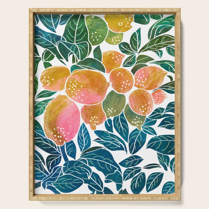 Lemons | Watercolor Modern Boho Botanical Painting | Pastel Summer Jungle Garden Juicy Fresh Serving Tray