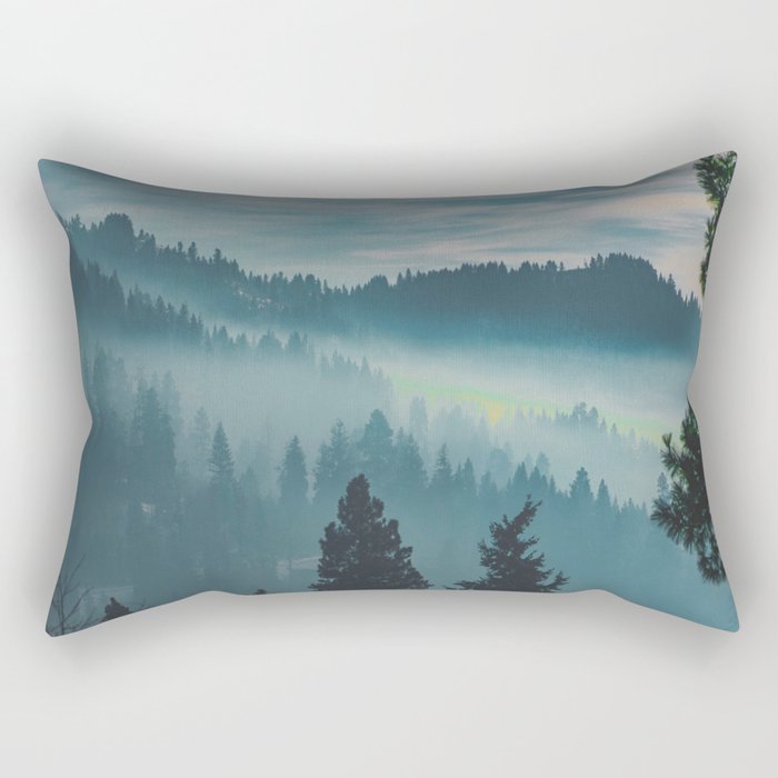 Misty Blue Watercolor Mountains Pine Trees Silhouette Minimalist Monochromatic Photo Rectangular Pillow