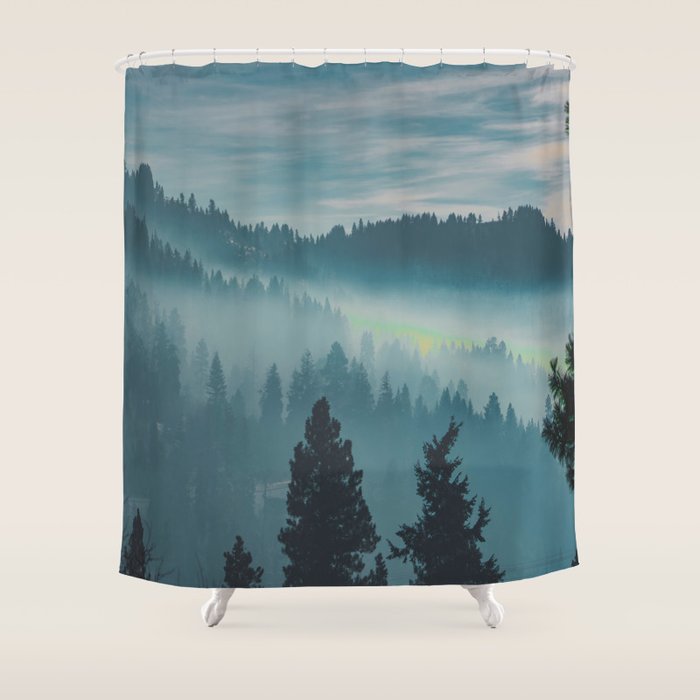 Misty Blue Watercolor Mountains Pine Trees Silhouette Minimalist Monochromatic Photo Shower Curtain