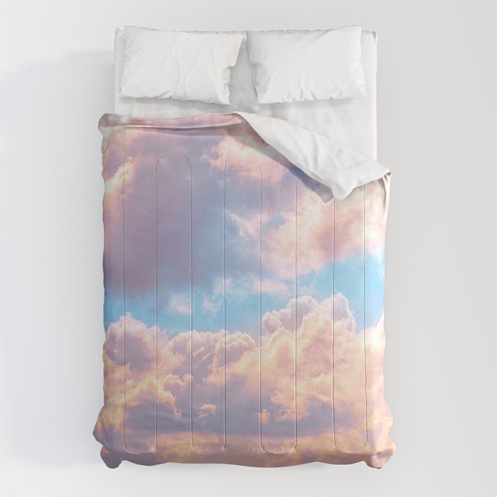 Beautiful Pink Cotton Candy Clouds Against Baby Blue Sky Fairytale Magical Sky Comforter