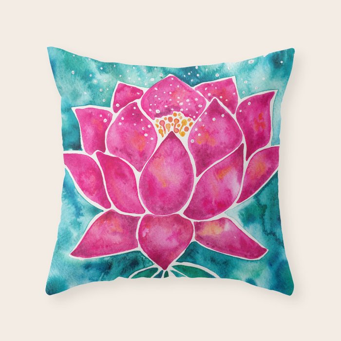 Sacred Lotus - Magenta Blossom With Turquoise Wash Throw Pillow