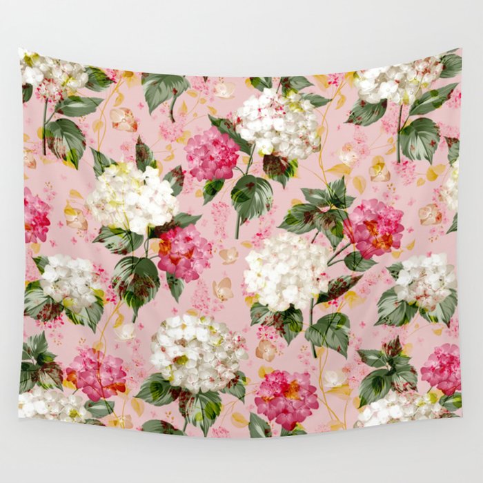 Vintage Green Pink White Bohemian Hortensia Flowers Wall Tapestry