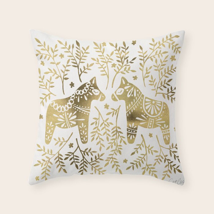 Swedish Dala Horses - Gold Palette Throw Pillow