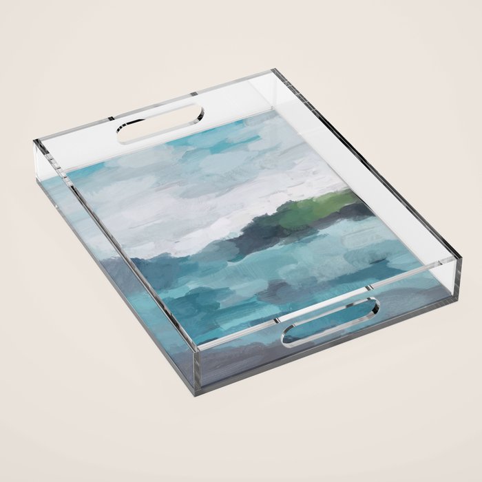 Island In The Distance I - Aqua Blue Green Abstract Art Painting Acrylic Tray