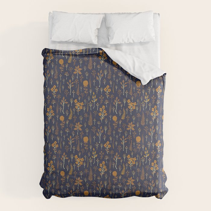 Navy Blue & Mustard Yellow Floral Pattern Duvet Cover