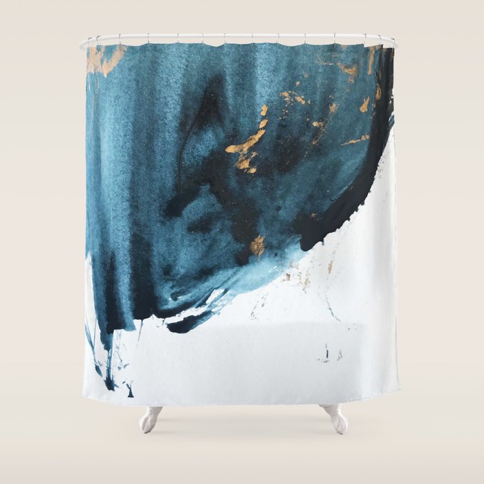 A Minimal Sapphire And Gold Abstract Piece In Blue White And Gold By Alyssa Hamilton Art  Shower Curtain