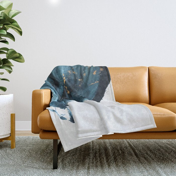 A Minimal Sapphire And Gold Abstract Piece In Blue White And Gold By Alyssa Hamilton Art  Throw Blanket