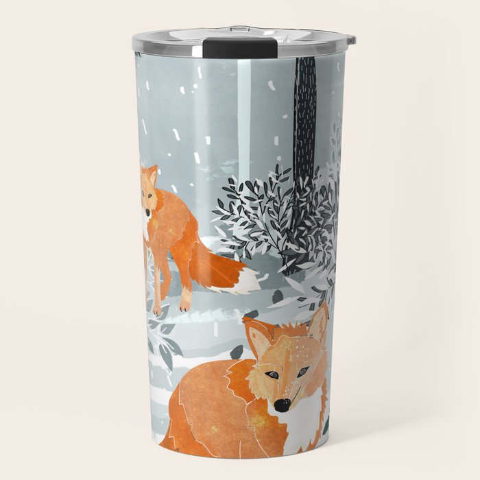 Fox Snow Walk, Animals Wildlife Winter, New Years Christmas Forest Wildlife Painting Travel Mug