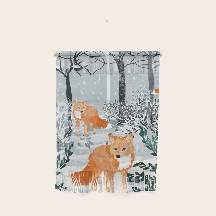 Fox Snow Walk, Animals Wildlife Winter, New Years Christmas Forest Wildlife Painting Wall Hanging