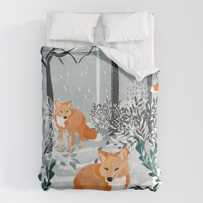 Fox Snow Walk, Animals Wildlife Winter, New Years Christmas Forest Wildlife Painting Duvet Cover