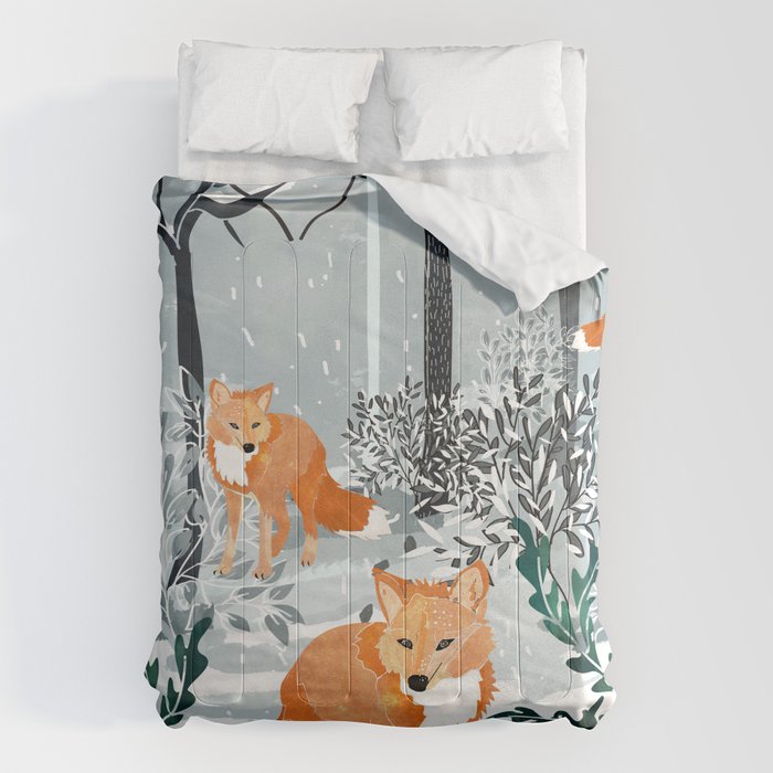 Fox Snow Walk, Animals Wildlife Winter, New Years Christmas Forest Wildlife Painting Comforter