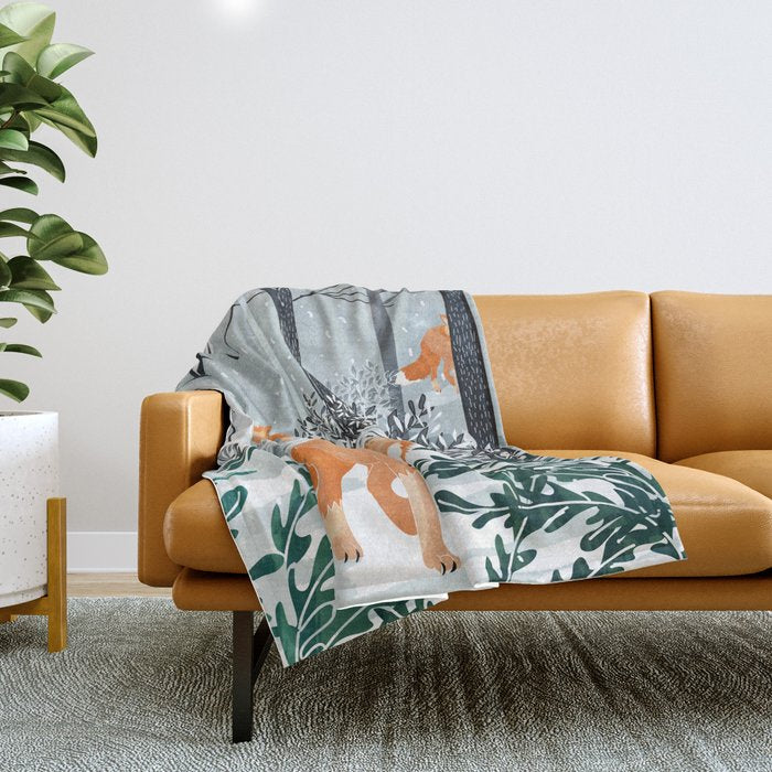 Fox Snow Walk, Animals Wildlife Winter, New Years Christmas Forest Wildlife Painting Throw Blanket