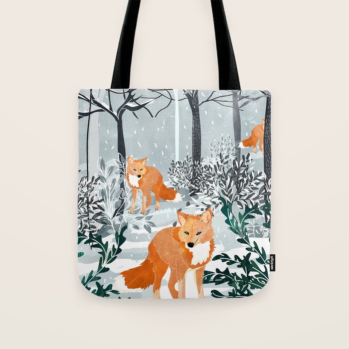 Fox Snow Walk, Animals Wildlife Winter, New Years Christmas Forest Wildlife Painting Tote Bag