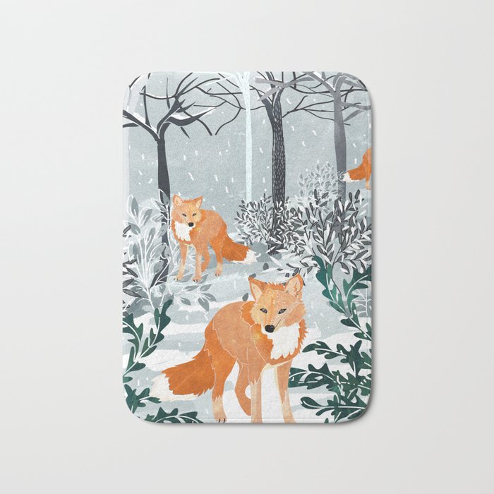 Fox Snow Walk, Animals Wildlife Winter, New Years Christmas Forest Wildlife Painting Bath Mat