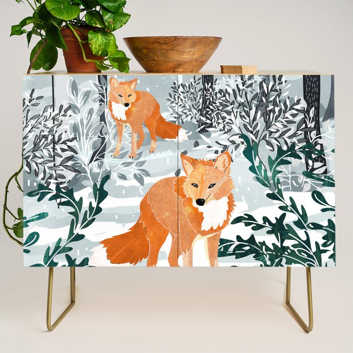 Fox Snow Walk, Animals Wildlife Winter, New Years Christmas Forest Wildlife Painting Credenza
