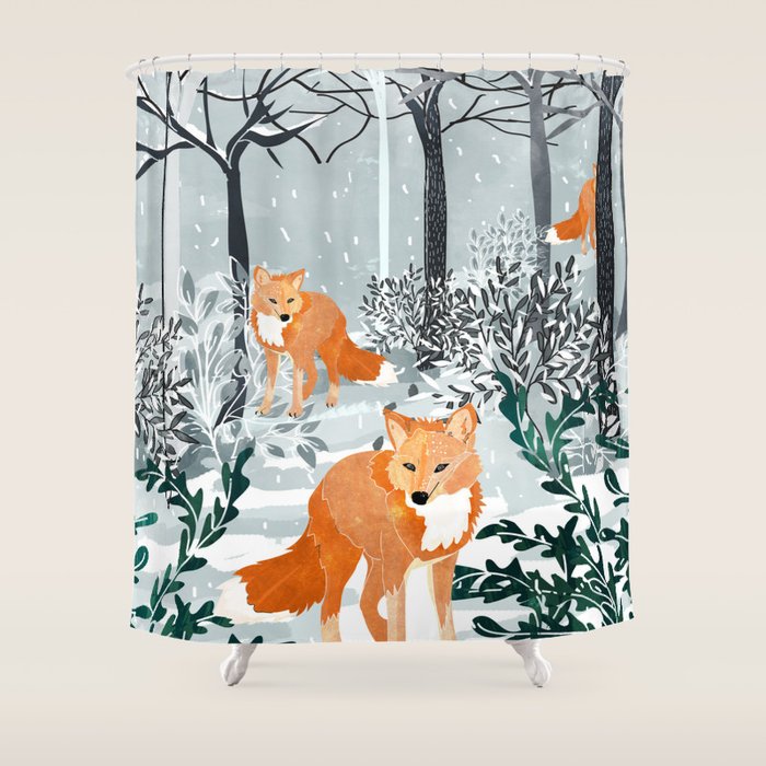 Fox Snow Walk, Animals Wildlife Winter, New Years Christmas Forest Wildlife Painting Shower Curtain