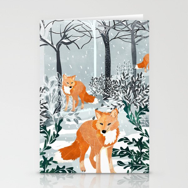 Fox Snow Walk, Animals Wildlife Winter, New Years Christmas Forest Wildlife Painting Stationery Card