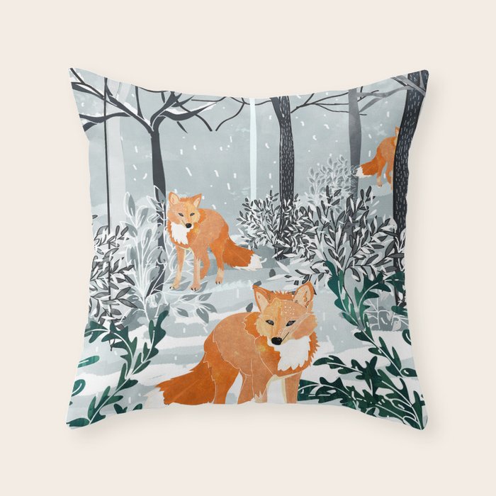 Fox Snow Walk, Animals Wildlife Winter, New Years Christmas Forest Wildlife Painting Throw Pillow