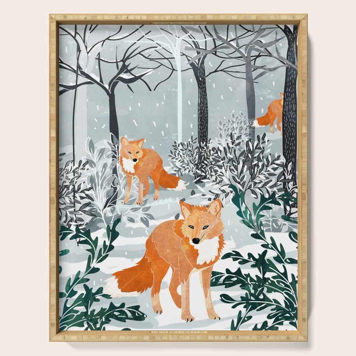 Fox Snow Walk, Animals Wildlife Winter, New Years Christmas Forest Wildlife Painting Serving Tray